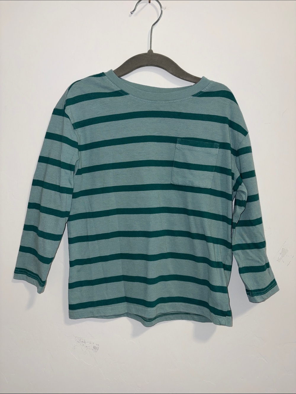 CLEARANCE 4 for $12 - Long-Sleeve Striped Pocket Tee - Teal and Light Teal 3T